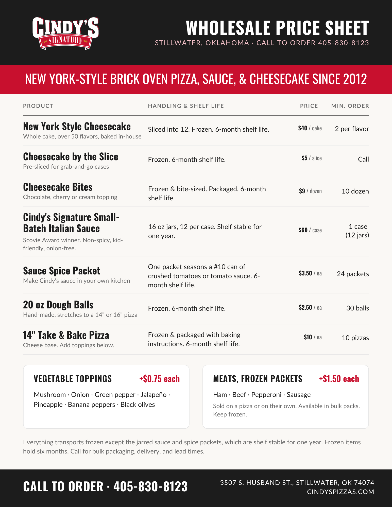 Cindy's Pizza Wholesale Line Sheet